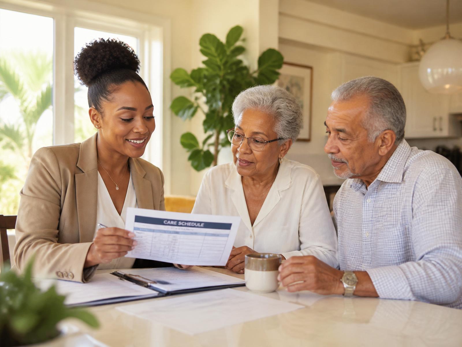 Care coordinator reviewing a schedule with an elderly Florida client